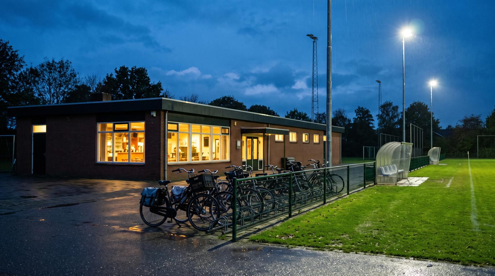 Clubgebouw van een sportvereniging in de avond, met verlichte kantineramen
