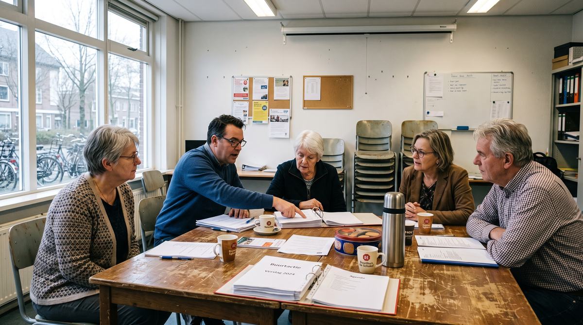 Bestuursleden rond een tafel met papieren en koffie in een buurthuis